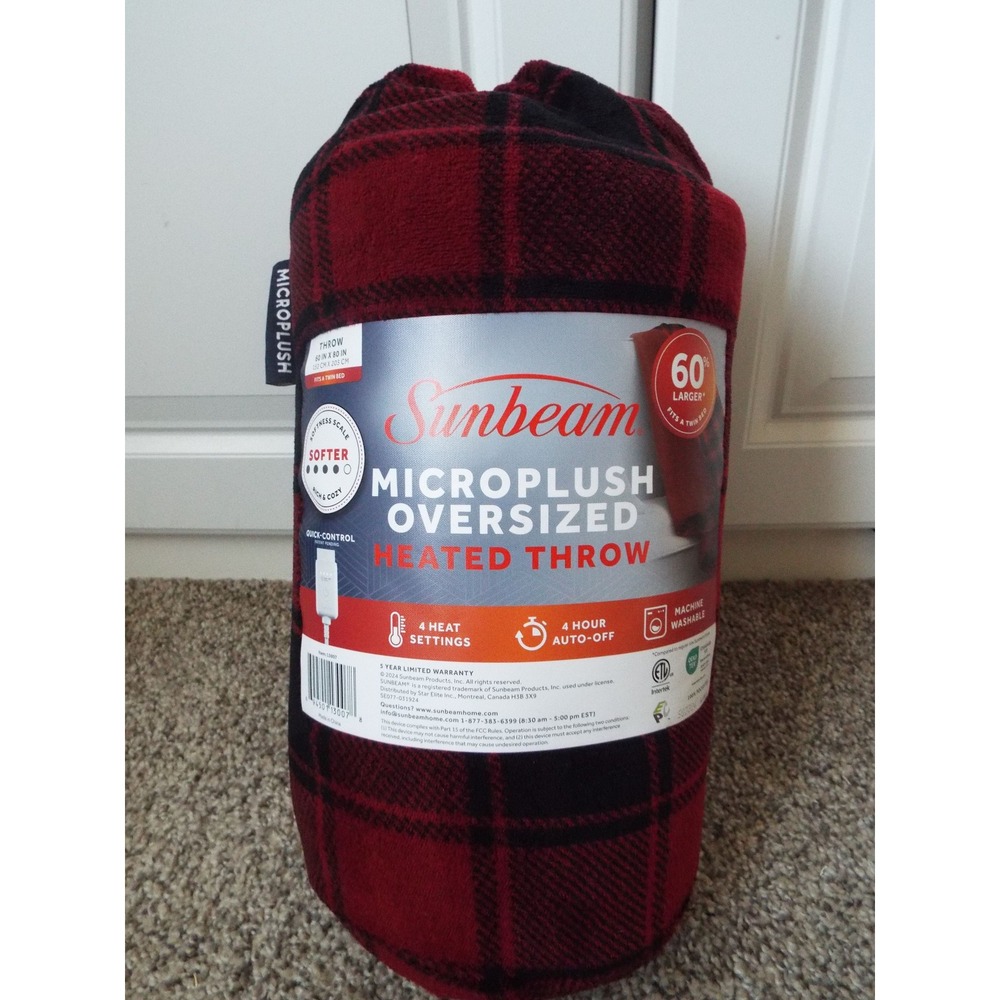 Sunbeam Microplush Oversized Heated Throw Red Black Plaid 60x80 NEW